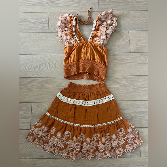 Anthropologie two piece set embroidered boho smocked tank top and skirt size xs - Picture 2 of 14